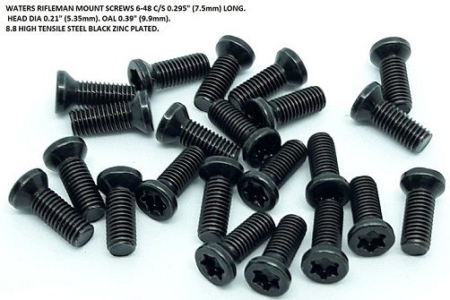 Waters Rifleman 6-48 high tensile 8.8 screws 0.39" 9.85mm long with Torx T15 socket and weaver countersunk